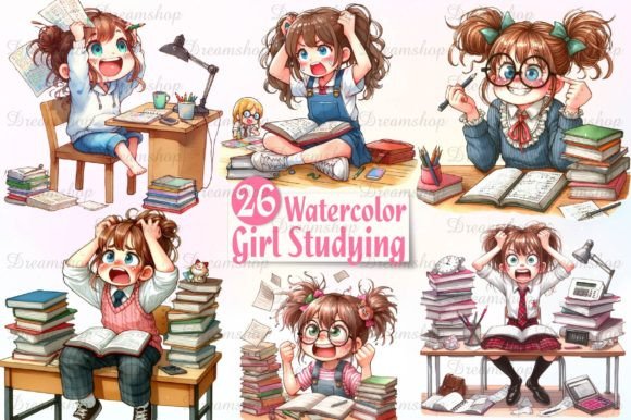 Download Watercolor Girl Studying Clipart - Art Collection